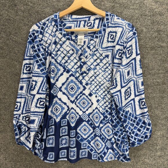 Alfred Dunner Blouse Women PL Petite Blue Geometric V-Neck Long Sleeve Button - Picture 1 of 6